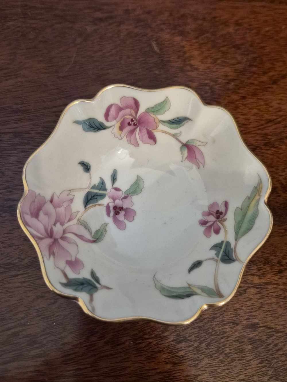 Lenox Pink Floral Scalloped Porcelain Bowl with Gold Trim